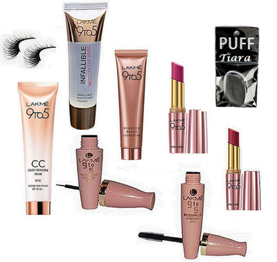 

tiara Silicon Puff ,Eyelashes , Lakme 9 to 5 CC Cream , Infalliable Primer , Weightless Mousse , Primer Matte Lipstick Pack Of 2 , Eyeliner & Mascara(Set of 9)