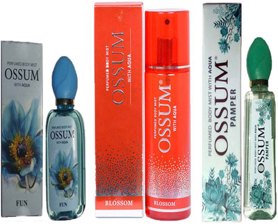 

OSSUM FUN PERFUMED BODY MIST 115ML+BLOSSOM PERFUMED BODY MIST 190ML+PAMPER PERFUMED BODY MIST 115ML Deodorant Spray - For Women(110 ml, Pack of 3)