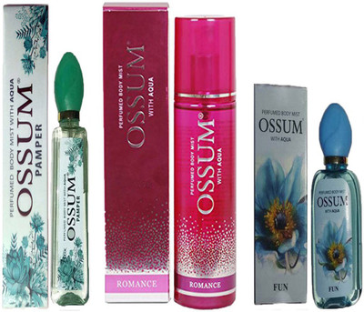 

OSSUM FUN PERFUMED BODY MIST 115ML+ ROMANCE PERFUMED BODY MIST 190ML+PAMPER PERFUMED BODY MIST 115ML Deodorant Spray - For Women(110 ml, Pack of 3)