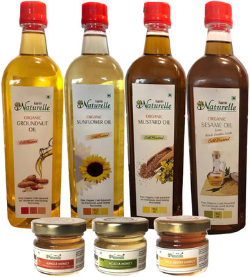 

Farm Naturelle Monthly Oil Pack-4 Oils Organic Cold Pressed Virgin (Kachi Ghani) Mustard Oil, Groundnut Oil (Peanut Oil), Sunflower Oil (Sun Flower Oil) & Black Sesame seed Oil (Gingelly Oil/ Til Oil) 915ml x 4-Free-3 Raw Forest Honey Combo(3660)
