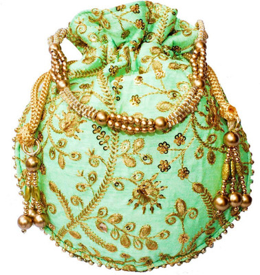 

Dms Retail Embroidered Silk Potli Bag Ethnic Clutch Batwa Bag For Women And Girls Pista Green Potli(Green)
