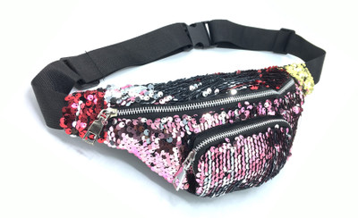 

Rough Nature Magic Sequin Bold Zippers Leather Back Waist Pouch Magic Reversible Sequin Waist Pouch(Pink)