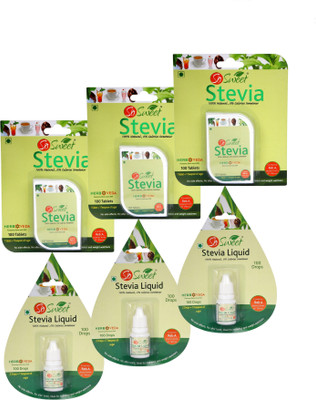 

SO SWEET Stevia Combo of 300 Stevia Tablets and Pack of 3 Liquid Drops (total 300 dr... 100% Natural Sweetener - Sugarfree Sweetener(300 Tablets, Pack of 6)