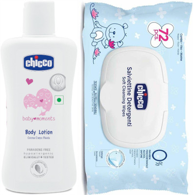 Chicco Lotion 200ml and Baby Wipes With Flip Cover(White)