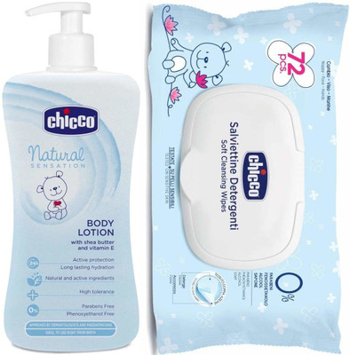 

Chicco Natural Lotion 500ml and Baby Wipes With Flip Cover(White)