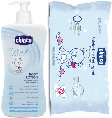

Chicco Natural Lotion 500ml and Baby Wipes Without Flip Cover(White)