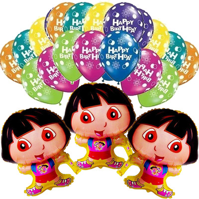 

Masti Zone Printed 3 Pcs Multi Colour Dora18" Foil Balloons with 15 Happy Birthday Printed Balloon for Kids Girls Birthday and Baby Shower Theme Party Balloon(Multicolor, Pack of 18)