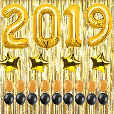 

Masti Zone Solid New Year Party 2019 Decoration Gold Number 16" Aluminum Foil Balloons with 5 Pcs Golden Star Foil Balloon and 50 Black and Golden Latex Balloon for New Year Christmas Balloon(Gold, Black, Pack of 58)