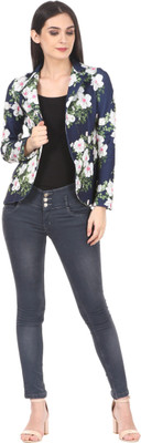Saadgi Floral Print Single Breasted Casual Women Blazer(Blue)