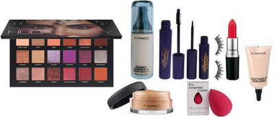 

Pro longwear combo sponge puff & mac matchmaster liquid foundation & Select cover-up concealer & matte finish lipstick & loose powder& Eyelashes & liquid last eyeliner+mascara & Huda Beauty Palette(Set of 9)