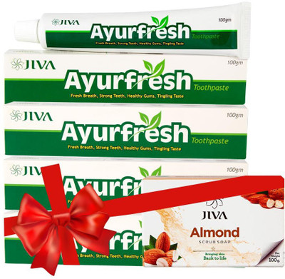 

Jiva Ayurfresh toothpaste single Pack of 4 with Almond Soap(Set of 5)
