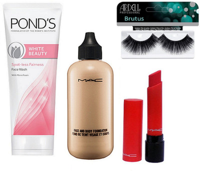 

BRUTUS Eyelashes, Mac Face And Body Foundation, Liptensity Red Lipstick, Pond's White Beauty Spot-Less Fairness Face Wash(Set of 4)