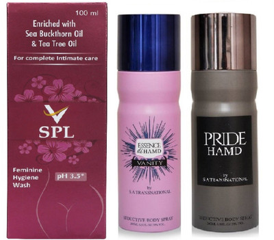 

VSPL Feminine Hygiene Wash 100ml 1pc. , HAMD Pride 1pc. & Essence 1pc. Deodorant Spray 200ml each Combo Pack of 3(Set of 3)