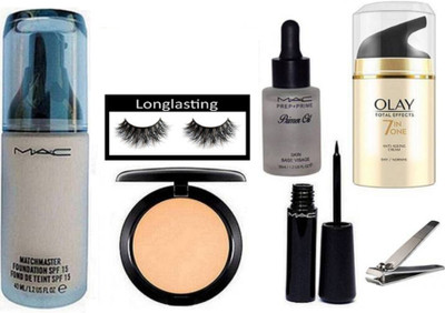 

Longlasting eyelashes, match master foundation, compact, liquid eyeliner, prep+prime primer oil, olay total effect 7 in one cream with nail cutter(Set of 7)