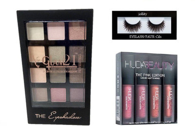 

jollity Eyelash And Huda Beauty Pink Edition And Glam 21 Metalic Eyes Shadow(Set of 3)