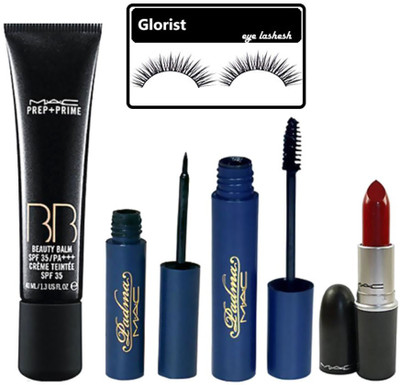 

glorist Eyelashes, Mac Prep+prime BB Foundation, Padma Eyeliner & Mascara, Lipstick(Set of 5)