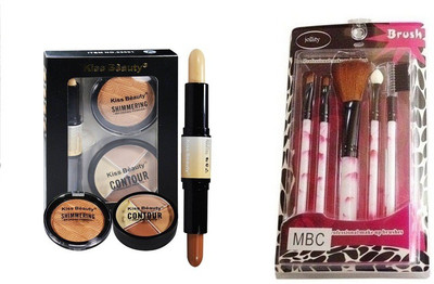 

jollity Make up Brush Set of 5 And Kiss Beauty 3 in 1 Contour kit(Set of 2)