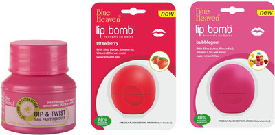 

Blue Heaven Cosmetics Blue Heaven Dip & Twist Nail Paint Remover,Blue Heaven Lip Bomb - Bubble Gum & Blue Heaven Lip Bomb - Strawberry (Pack Of 3)(Set of 3)
