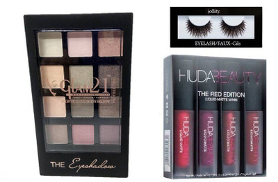 

jollity Eyelash And Huda Beauty Red Edition And Glam 21 Metalic Eye Shadow(Set of 3)