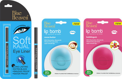 

Blue Heaven Cosmetics Blue Heaven Soft Kajal Eye Liner,Blue Heaven Lip Bomb - Cocoa Butter & Blue Heaven Lip Bomb - Bubble Gum(Set of 3)
