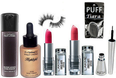 tiara silicon puff , Mac Prep+Prime Highlighter , Face serum , brook candy eyeliner , lakme enrich Pink And Orange lipstick , eyelashes(Set of 7)