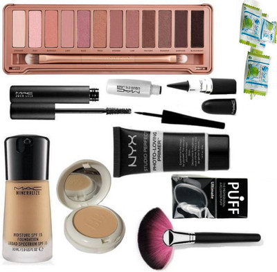 

Ultimate Silicon Puff With mineralize Foundation & BB Compact,Zoom Lash Mascara,Liquid Eyeliner,Stick Kajal,Makeup Brush,NYX Primer,Naked 3 Eyeshadow Palette & Magic Napkin Pack Of 3(Set of 12)