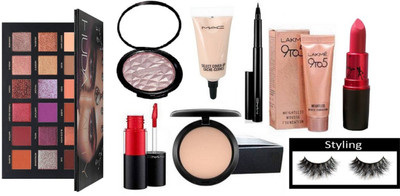 

styling eyelashes & Mac Pressed Powder Compact & beauty makeup illuminator & Pen Eyeliner& Liquid Lip gloss & Mac Select cover-up Concealer & 9 to 5 Weightless Mousse with lady gaga matte finish lipstick & Huda Beauty Palette(Set of 9)