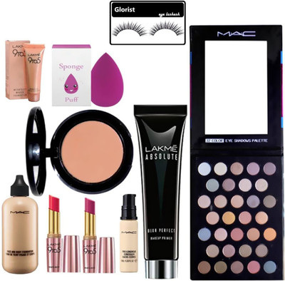 

glorist eyelash and Sponge puff & Face And Body Foundation & Mac Compact & Pro Longwear Concealer & Lakme 9 To 5 Lipstick Pack of 2 & Lakme 9 To 5 Mousse Lakme 9 To 5 Primer 32 Eyeshedow Palette(Set of 10)