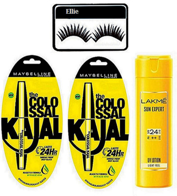 

ellie Eyelashes,Colossal Kajal Set Of 2, Lakme Sun Expert UV Lotion(Set of 4)