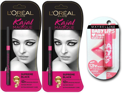 

L'Oreal Paris magique kajal (Pack of 2) & maybelline babylips pink lolita lipbalm(Set of 3)