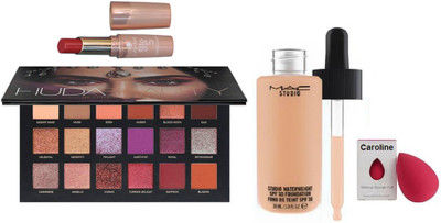 

caroline sponge puff, studio waterweight foundation, huda beauty palette & 9to5 crease-less lipstick(Set of 4)