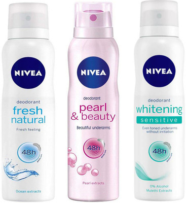 

Nivea Whitening Sensitive + Fresh Natural + Pearl & Beauty 150ml x 3 Deodorant Spray - For Women(450 ml, Pack of 3)