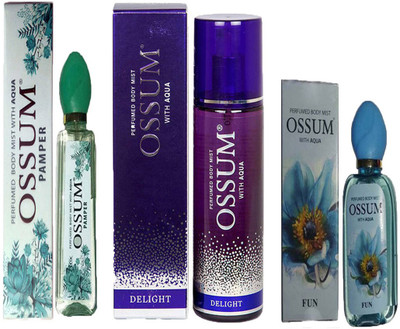 

OSSUM FUN PERFUMED BODY MIST 115ML+DELIGHT PERFUMED BODY MIST 190ML+PAMPER PERFUMED BODY MIST 115ML Deodorant Spray - For Women(110 ml, Pack of 3)