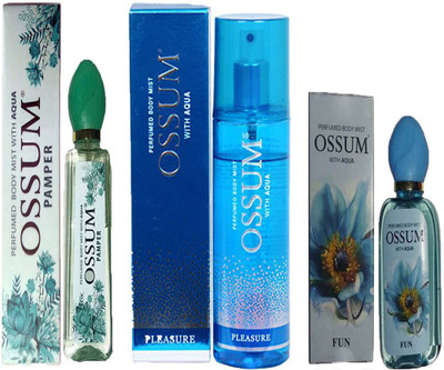 

OSSUM FUN PERFUMED BODY MIST 115ML+PLEASURE PERFUMED BODY MIST 190ML+PAMPER PERFUMED BODY MIST 115ML Deodorant Spray - For Women(110 ml, Pack of 3)