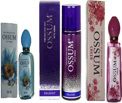 

OSSUM CHEER PERFUMED BODY MIST 115ML+OSSUM DELIGHT PERFUMED BODY MIST 190ML+OSSUM FUN PERFUMED BODY MIST 115ML Deodorant Spray - For Women(110 ml, Pack of 3)