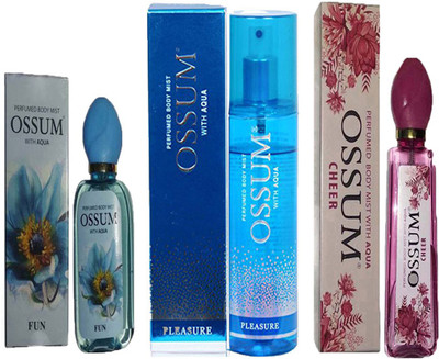 

OSSUM CHEER PERFUMED BODY MIST 115ML +PLEASURE PERFUMED BODY MIST 190ML+FUN PERFUMED BODY MIST 115ML Deodorant Spray - For Women(110 ml, Pack of 3)