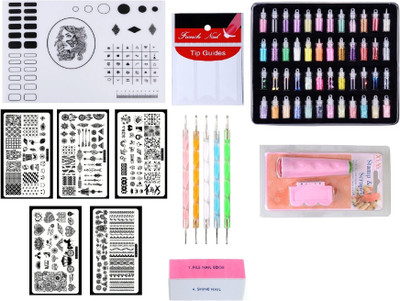 

Royalkart Mega Combo Kit Of Nail Art Tools 3D Nail Art Stamping Image Plates(COCO1,2,3,7,12), Double-Sided Stamper & Metal Scraper,48pcs Glitter Bottles Set, 5pcs Double-Sided Dotting Tool, Nail Buffer, Nail Strips & Nail Art Silicone Soft Foldable Washab