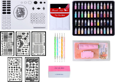 

Royalkart Mega Combo Kit Of Nail Art Tools 3D Nail Art Stamping Image Plates(COCO4,6,9,10,13), Double-Sided Stamper & Metal Scraper,48pcs Glitter Bottles Set, 5pcs Double-Sided Dotting Tool, Nail Buffer, Nail Strips & Nail Art Silicone Soft Foldable Washa