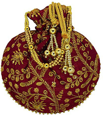 

Dms Retail Golden Embroidered Silk Potli Bag Ethnic Clutch Batwa Bag For Women And Girls Potli(Maroon)