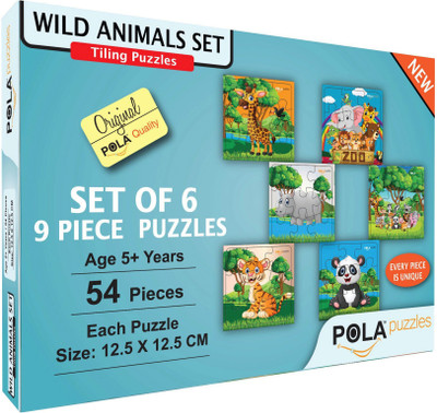 

Pola Puzzles Wild Animals Set Set Of 6 Puzzles 9 Pieces Puzzles for Kids for Kids Age 3 Years and Above. Size Each: 12.5 CM X 12.5 CM(54 Pieces)