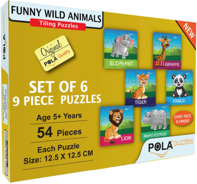 

Pola Puzzles Funny Wild Animals Set Of 6 Puzzles 9 Pieces Puzzles for Kids for Kids Age 3 Years and Above. Size Each: 12.5 CM X 12.5 CM(54 Pieces)