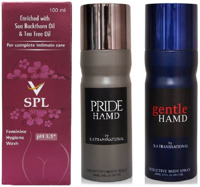 

VSPL Feminine Hygiene Wash 100ml 1pc., HAMD Gentle 1pc. & Pride 1pc. Deodorant Spray 200ml each Pack of 3(Set of 3)