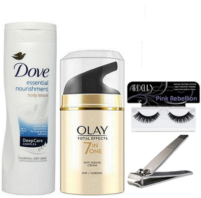 

Pink Rebellion Eyelashes & Olay Anti Ageing Day Cream & Dove Essential Nourishment Body Lotion With Nail Clipper(Set of 4)