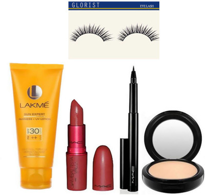 

glorist Eyelashes, Sun Expert UV+Fairness Cream, Matte Fedjelvet Lipstick, Pen Eyeliner Of Fix Compact(Set of 5)