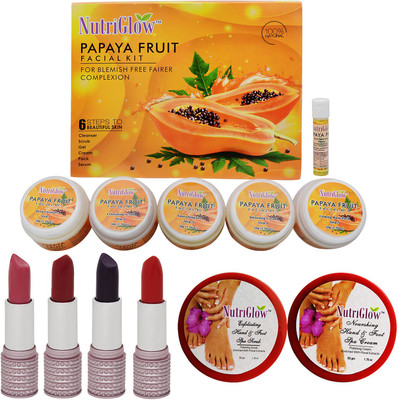 

NutriGlow Papaya Fruit facial kit with lipsticks 3,hand & foot spa scrub and cream(Set of 3)