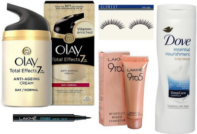 

glorist Eeyelashes&Olay Total Effects 7-in-1 Anti Aging Day Skin Cream, Normal,Lakme 9 To 5 Weightless Mousse Foundation 6gm & Eyeconic Pen Eyeliner & Dove Essential nourishment Body Lotion(Set of 5)