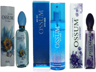 

OSSUM PLEASURE PERFUMED BODY MIST 190ML+ COMFORT PERFUMED BODY MIST 115ML+ FUN PERFUMED BODY MIST 115ML Deodorant Spray - For Men & Women(115 ml, Pack of 3)