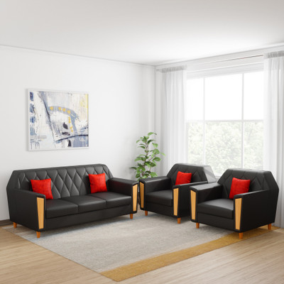 Kurlon Crescent Leatherette 3 + 1 + 1 Black Sofa Set