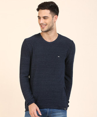 LEE Solid Round Neck Casual Men Blue Sweater