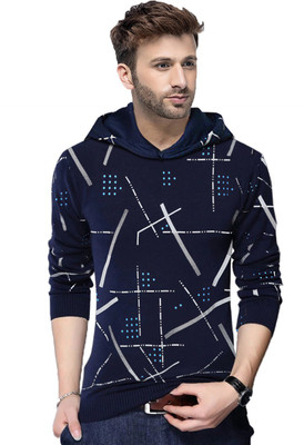 TRIPR Abstract Men Hooded Neck Dark Blue T-Shirt